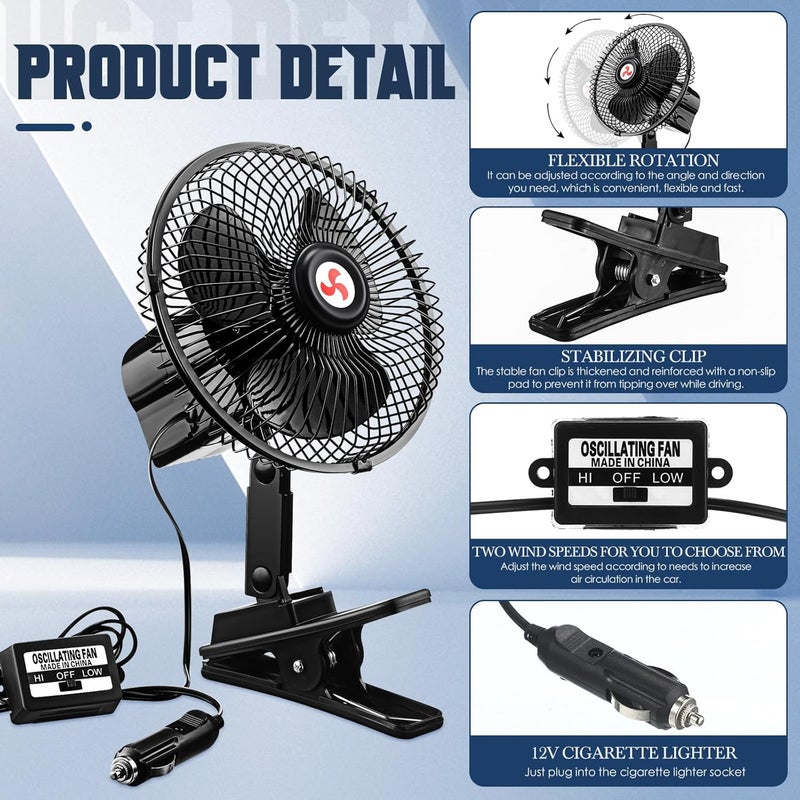 Tujoe 7" Portable Car Fan with Cigarette Lighter Electric Cooling - 12 Volt Oscillating Automobile Fan, 360 Degree Swivel with Clip for Truck Camping Supplies, Black (2 Pcs) - Image 3